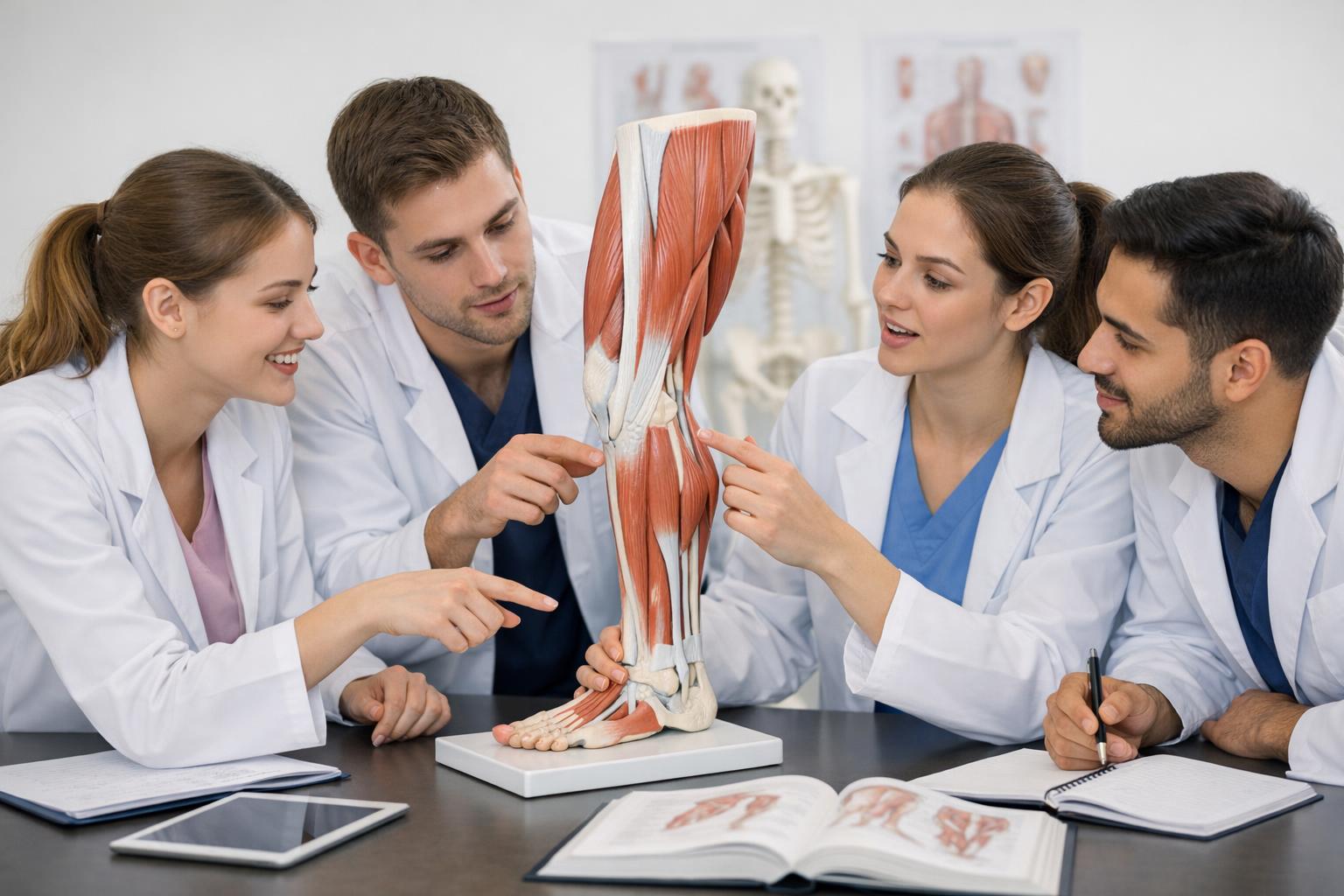 zdjęcie: studenci medycyny analizujący model anatomiczny mięśni kończyny dolnej podczas zajęć